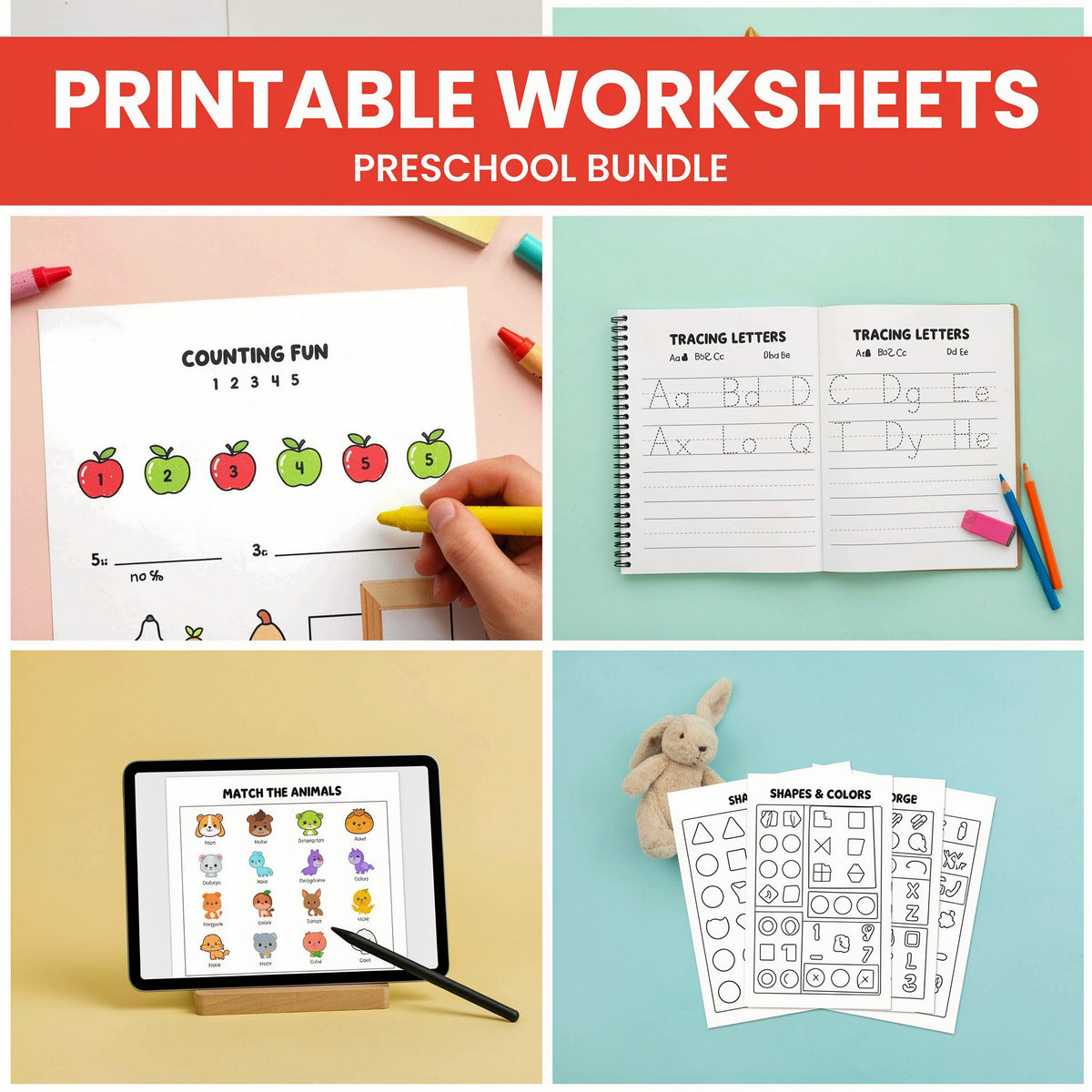 Printable Preschool Worksheets Bundle (Digital download PDF)